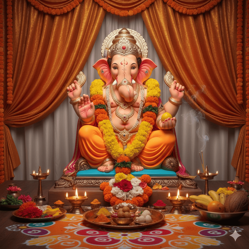 Ganesh Chaturthi pooja with idol and festive decor
