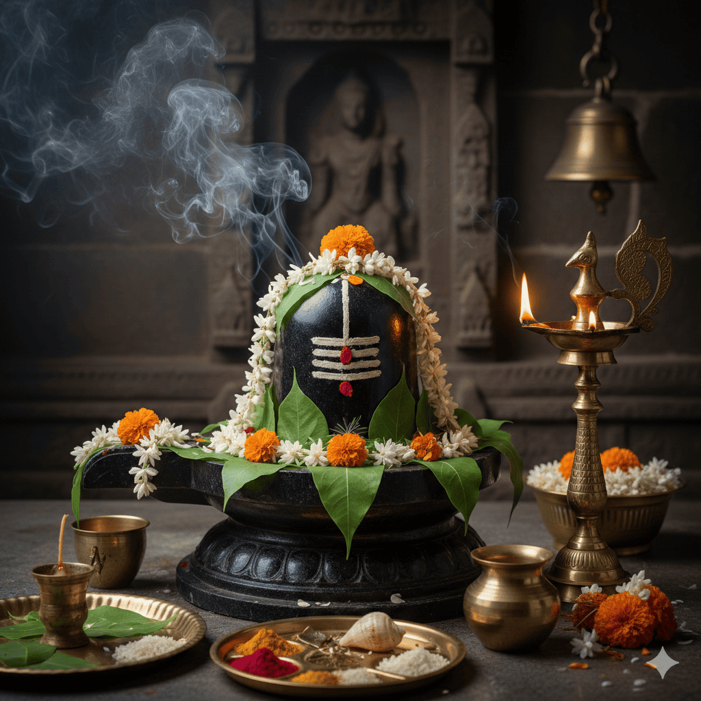 Mahashivratri pooja with sacred offerings and diya lights